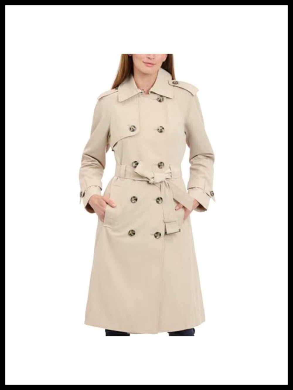 Double-Breasted Belted Trench Coat Zip Off Hood 3/4 Sleeve